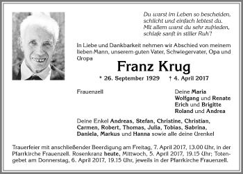 Traueranzeige von Franz Krug von Allgäuer Zeitung,Kempten