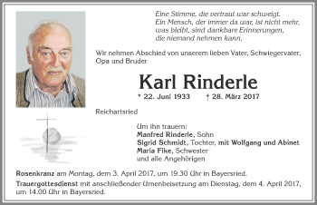 Traueranzeige von Karl Rinderle von Allgäuer Zeitung, Marktoberdorf