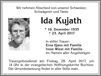 Traueranzeige von Ida Kujath von Allgäuer Zeitung, Kaufbeuren/Buchloe
