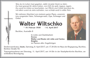 Traueranzeige von Walter Wiltschko von Allgäuer Zeitung, Kaufbeuren/Buchloe