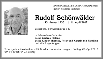 Traueranzeige von Rudolf Schönwälder von Allgäuer Zeitung, Kaufbeuren/Buchloe