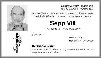 Traueranzeige von Sepp Vill von Memminger Zeitung