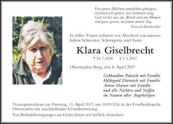Traueranzeige von Klara Giselbrecht von Der Westallgäuer