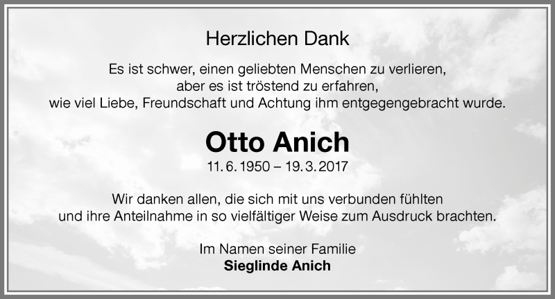  Traueranzeige für Otto Anich vom 01.04.2017 aus Memminger Zeitung