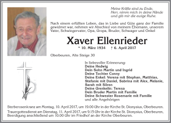 Traueranzeige von Xaver Ellenrieder von Allgäuer Zeitung, Kaufbeuren/Buchloe