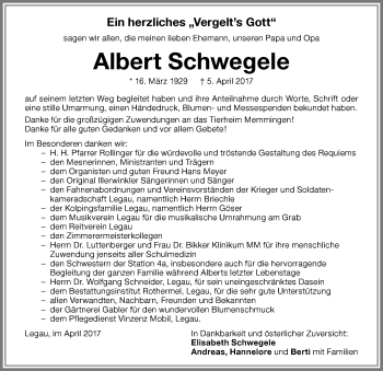 Traueranzeige von Albert Schwegele von Memminger Zeitung