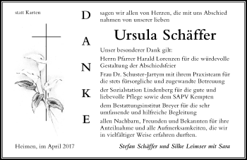 Traueranzeige von Ursula Schäffer von Der Westallgäuer