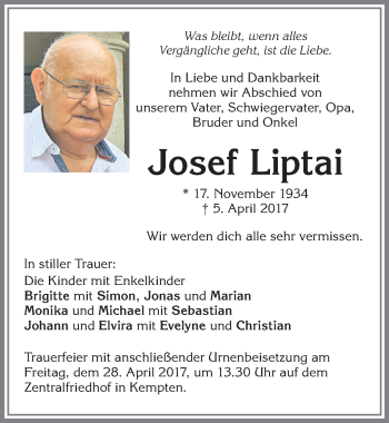 Traueranzeige von Josef Liptai von Allgäuer Zeitung,Kempten