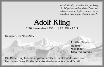 Traueranzeige von Adolf Kling von Allgäuer Zeitung,Kempten