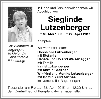 Traueranzeige von Sieglinde Lutzenberger von Allgäuer Zeitung,Kempten