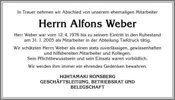 Traueranzeige von Alfons Weber von Allgäuer Zeitung, Marktoberdorf