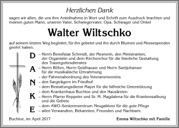 Traueranzeige von Walter Wiltschko von Allgäuer Zeitung, Kaufbeuren/Buchloe
