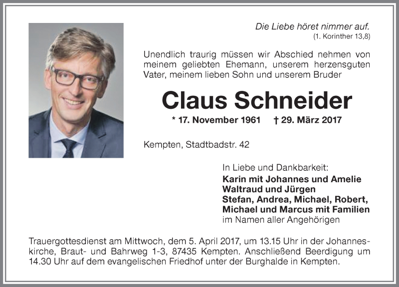  Traueranzeige für Claus Schneider vom 01.04.2017 aus Memminger Zeitung