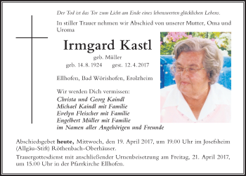 Traueranzeige von Irmgard Kastl von Der Westallgäuer