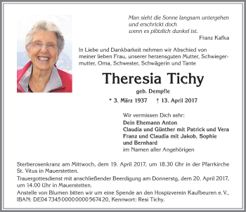 Traueranzeige von Theresia Tichy von Allgäuer Zeitung, Kaufbeuren/Buchloe