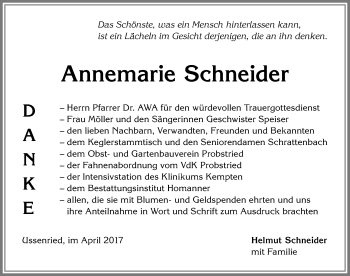 Traueranzeige von Annemarie Schneider von Allgäuer Zeitung,Kempten