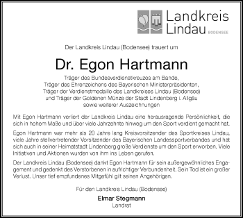 Traueranzeige von Egon Hartmann von Der Westallgäuer