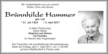 Traueranzeige von Brünnhilde Hammer von Allgäuer Zeitung, Füssen