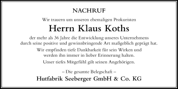 Traueranzeige von Klaus Koths von Der Westallgäuer