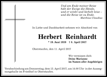 Traueranzeige von Herbert Reinhardt von Allgäuer Anzeigeblatt