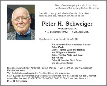 Traueranzeige von Peter Schweiger von Allgäuer Zeitung, Kaufbeuren/Buchloe
