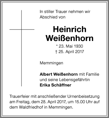 Traueranzeige von Heinrich Weißenhorn von Memminger Zeitung