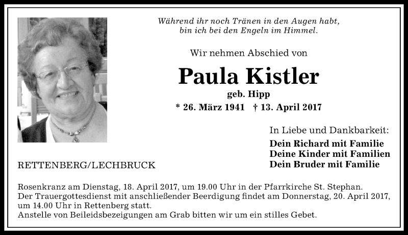  Traueranzeige für Paula Kistler vom 15.04.2017 aus Allgäuer Anzeigeblatt