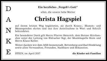 Traueranzeige von Christa Hagspiel von Allgäuer Anzeigeblatt