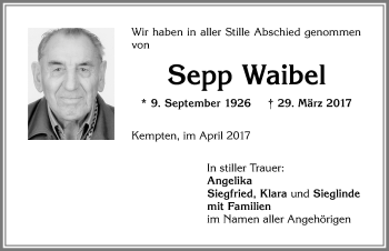 Traueranzeige von Sepp Waibel von Allgäuer Zeitung,Kempten