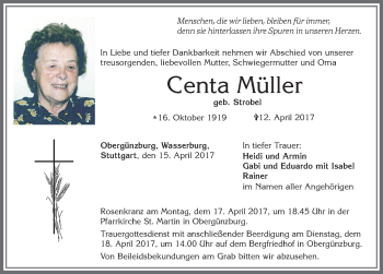 Traueranzeige von Centa Müller von Allgäuer Zeitung, Marktoberdorf