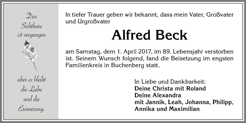  Traueranzeige für Alfred Beck vom 08.04.2017 aus Allgäuer Zeitung,Kempten