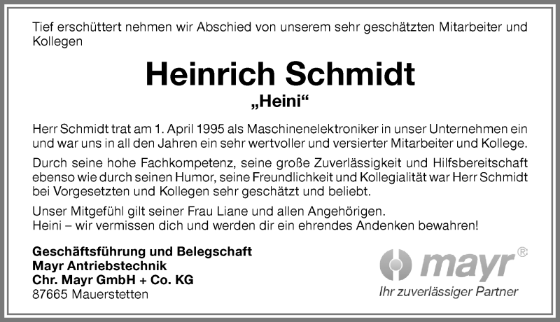  Traueranzeige für Heinrich Schmidt vom 19.04.2017 aus Allgäuer Zeitung, Kaufbeuren/Buchloe