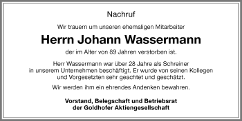 Traueranzeige von Johann Wassermann von Memminger Zeitung