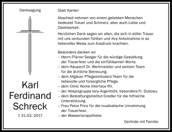 Traueranzeige von Karl Ferdinand Schreck von Allgäuer Zeitung,Kempten