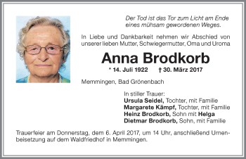 Traueranzeige von Anna Brodkorb von Memminger Zeitung