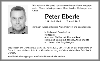 Traueranzeige von Peter Eberle von Allgäuer Zeitung,Kempten