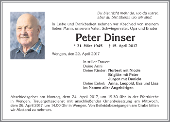 Traueranzeige von Peter Dinser von Allgäuer Zeitung,Kempten