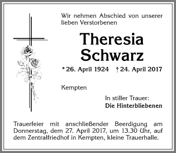 Traueranzeige von Theresia  Schwarz von Allgäuer Zeitung,Kempten