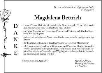Traueranzeige von Magdalena Bettrich von Der Westallgäuer