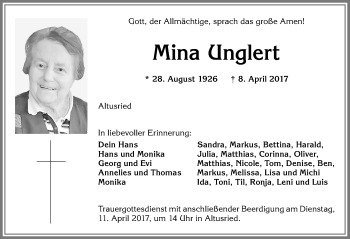 Traueranzeige von Mina Unglert von Allgäuer Zeitung,Kempten