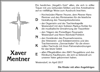 Traueranzeige von Xaver Mentner von Allgäuer Zeitung, Kaufbeuren/Buchloe