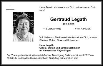 Traueranzeige von Gertraud Legath von Allgäuer Zeitung,Kempten