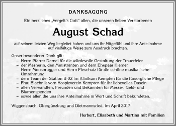Traueranzeige von August Schad von Allgäuer Zeitung,Kempten