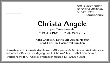 Traueranzeige von Christa Angele von Allgäuer Zeitung, Kaufbeuren/Buchloe