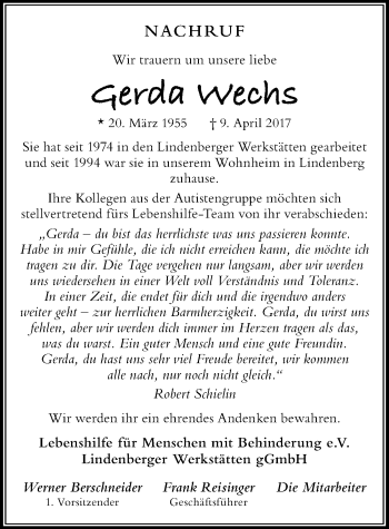 Traueranzeige von Gerda Wechs von Der Westallgäuer