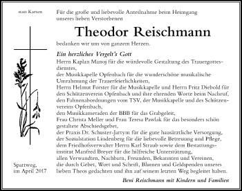 Traueranzeige von Theodor Reischmann von Der Westallgäuer
