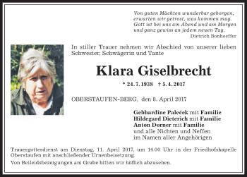 Traueranzeige von Klara Giselbrecht von Allgäuer Anzeigeblatt