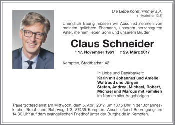 Traueranzeige von Claus Schneider von Memminger Zeitung