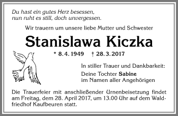 Traueranzeige von Stanislawa Kiczka von Allgäuer Zeitung, Kaufbeuren/Buchloe