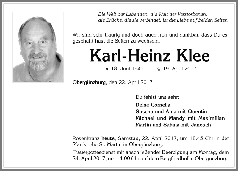  Traueranzeige für Karl-Heinz Klee vom 22.04.2017 aus Allgäuer Zeitung, Marktoberdorf